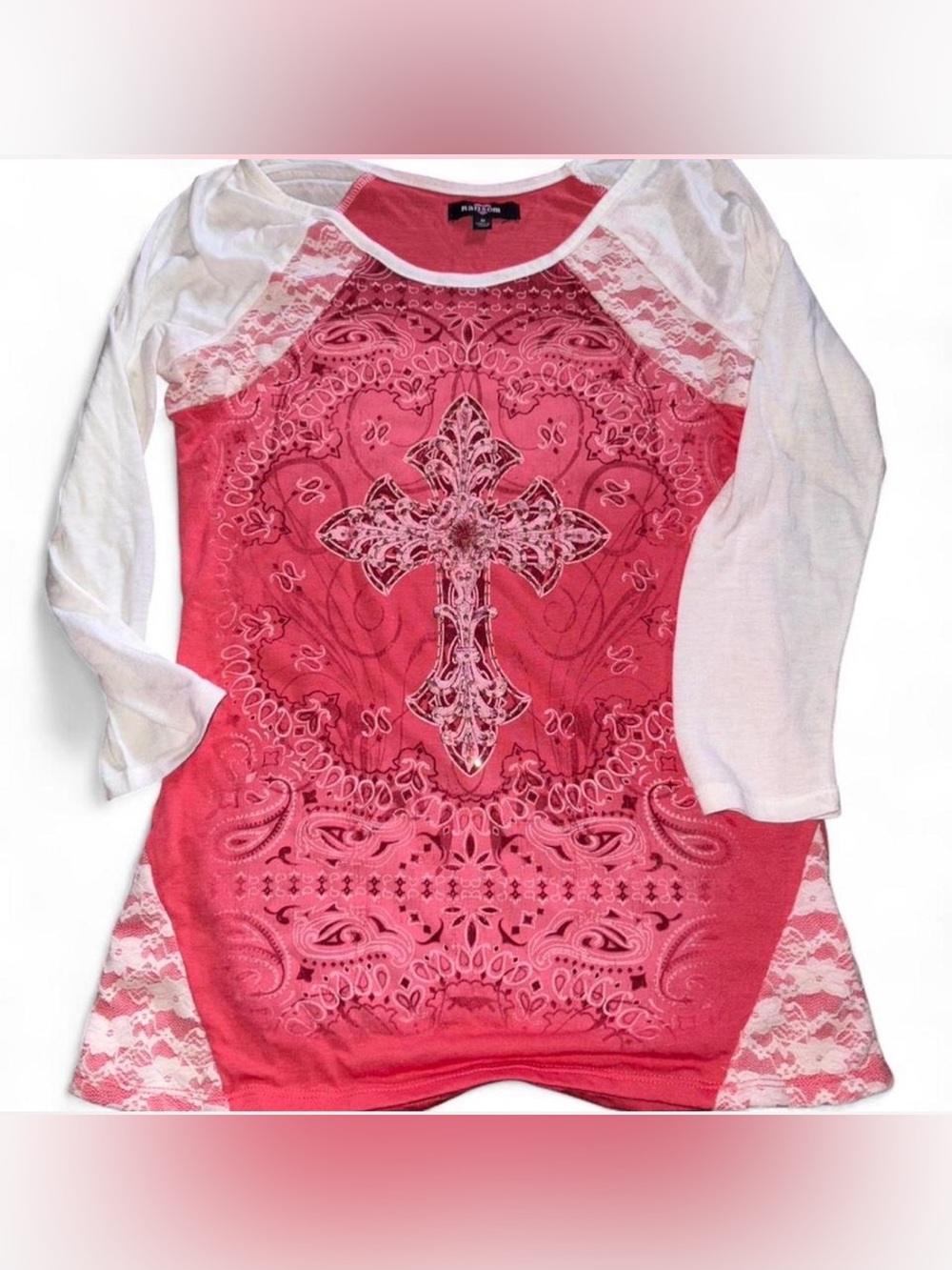 Ransom Pink Y2K Glitter Cross Raglan Lace Sleeve Shirt M